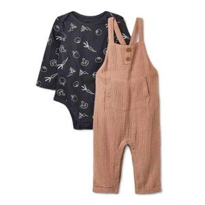 Grayson Collective Baby Gray & Brown Gauze Long Sleeve Jumpsuit Set